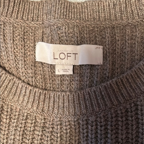 LOFT Brown Crew Neck Sweater with Cable Knit Sleeves - Picture 5 of 7